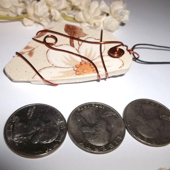 Retro Vintage Pottery Necklace New Wire Wrapping Flower Tan Orange Copper C084 - Picture 3 of 9